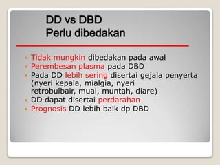 DD vs DBDPerlu dibedakanTidak mungkindibedakan pada awalPerembesan plasmapada DBDPada DDlebih seringdisertai gejala penyerta (nyeri kepala, mialgia, nyeri retrobulbair, mual, muntah, diare)DD dapat disertaiperdarahanPrognosisDD lebih baik dp DBD