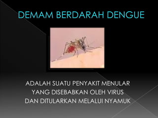 DEMAM BERDARAH DENGUEADALAH SUATU PENYAKIT MENULAR YANG DISEBABKAN OLEH VIRUS DAN DITULARKAN MELALUI NYAMUK