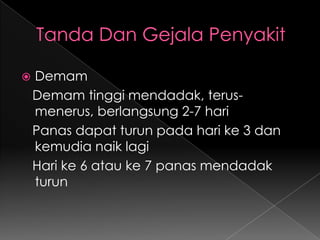 Tanda Dan Gejala PenyakitDemam   Demam tinggi mendadak, terus-menerus, berlangsung 2-7 hari   Panas dapat turun pada hari ke 3 dan kemudia naik lagi   Hari ke 6 atau ke 7 panas mendadak turun