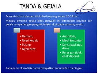 TANDA & GEJALA
Massa inkubasi demam tifoid berlangsung antara 10-14 hari.
Minggu pertama gejala klinis penyakit ini ditemukan keluhan dan
gejala serupa dengan penyakit infeksi akut pada umumnya yaitu :

• Demam,
• Nyeri kepala
• Pusing
• Nyeri otot

• Anoreksia,
• Mual &muntah
• Konstipasi atau
diare
• Perasaan tidak
enak diperut

Pada pemeriksan fisik hanya didapatkan suhu badan meningkat

 