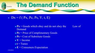 The Demand Function


Dx = f ( Px, Pc, Ps, Y, t, E)
Px = Goods which obey and do not obey the
Demand
 Pc = Price of Complimentary Goods
 Ps = Cost of Substitute Goods
 Y = Income
 t = Tastes
 E = Consumers Expectation


2/28/2014

Law of

 
