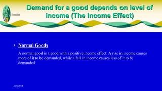 Demand for a good depends on level of
income (The Income Effect)

• Normal Goods
A normal good is a good with a positive income effect. A rise in income causes
more of it to be demanded, while a fall in income causes less of it to be
demanded

2/28/2014

 
