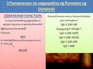 (3)DEMAND FUNCTION
Ay ang matematikong pagpapakita sa
ugnayan ngpresyo at quantity demanded.
Qd(Quantity Demanded)
f(Presyo)
Qd=f
a =intercept(bilang ngQdkung angpresyoay0)
B=slope= Qd
P
Qd=a-bP
Demand Function mula sa Demand Schedule
parasa Doughnut:
Qd=1,200-10P
Kapag ang P=20 Qd=?
Qd=1,200-10(P)
Qd=1,200-10(20)
Qd=1,200-200
Qd=1,000
 