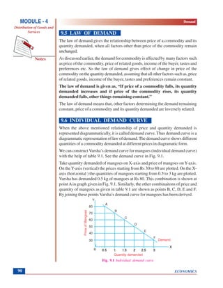 ECONOMICS
MODULE - 4 Demand
Distribution of Goods and
Services
Notes
90
9.5 LAW OF DEMAND
The law of demand gives the relationship between price of a commodity and its
quantity demanded, when all factors other than price of the commodity remain
unchanged.
As discussed earlier, the demand for commodity is affected by many factors such
as price of the commodity, price of related goods, income of the buyer, tastes and
preferences etc. So the law of demand gives effect of change in price of the
commodity on the quantity demanded, assuming that all other factors such as, price
of related goods, income of the buyer, tastes and preferences remain constant.
The law of demand is given as, “If price of a commodity falls, its quantity
demanded increases and if price of the commodity rises, its quantity
demanded falls, other things remaining constant.”
The law of demand means that, other factors determining the demand remaining
constant, price of a commodity and its quantity demanded are inversely related.
9.6 INDIVIDUAL DEMAND CURVE
When the above mentioned relationship of price and quantity demanded is
represented diagrammatically, it is called demand curve. Thus demand curve is a
diagrammatic representation of law of demand. The demand curve shows different
quantities of a commodity demanded at different prices in diagramatic form.
We can construct Varsha’s demand curve for mangoes (individual demand curve)
with the help of table 9.1. See the demand curve in Fig. 9.1.
Take quantity demanded of mangoes on X-axis and price of mangoes on Y-axis.
On theY-axis (vertical) the prices starting from Rs 30 to 80 are plotted. On the X-
axis (horizontal ) the quantities of mangoes starting from 0.5 to 3 kg are plotted.
Varsha has demanded 0.5 kg of mangoes at Rs 80. This combination is shown at
point A in graph given in Fig. 9.1. Similarly, the other combinaitons of price and
quantity of mangoes as given in table 9.1 are shown as points B, C, D, E and F.
By joining these points Varsha’s demand curve for mangoes has been derived.
Fig. 9.1 Individual demand curve
 