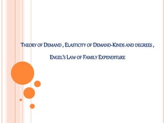 THEORY OF DEMAND , ELASTICITY OF DEMAND-KINDS AND DEGREES ,
ENGEL’S LAW OF FAMILY EXPENDITURE
 
