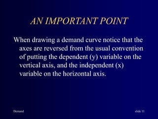 Demand slide 11
AN IMPORTANT POINT
When drawing a demand curve notice that the
axes are reversed from the usual convention
of putting the dependent (y) variable on the
vertical axis, and the independent (x)
variable on the horizontal axis.
 