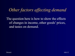 Demand slide 12
Other factors affecting demand
The question here is how to show the effects
of changes in income, other goods’ prices,
and tastes on demand.
 