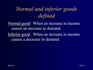 Demand slide 15
Normal and inferior goods
defined
Normal good: When an increase in income
causes an increase in demand.
Inferior good: When an increase in income
causes a decrease in demand.
 