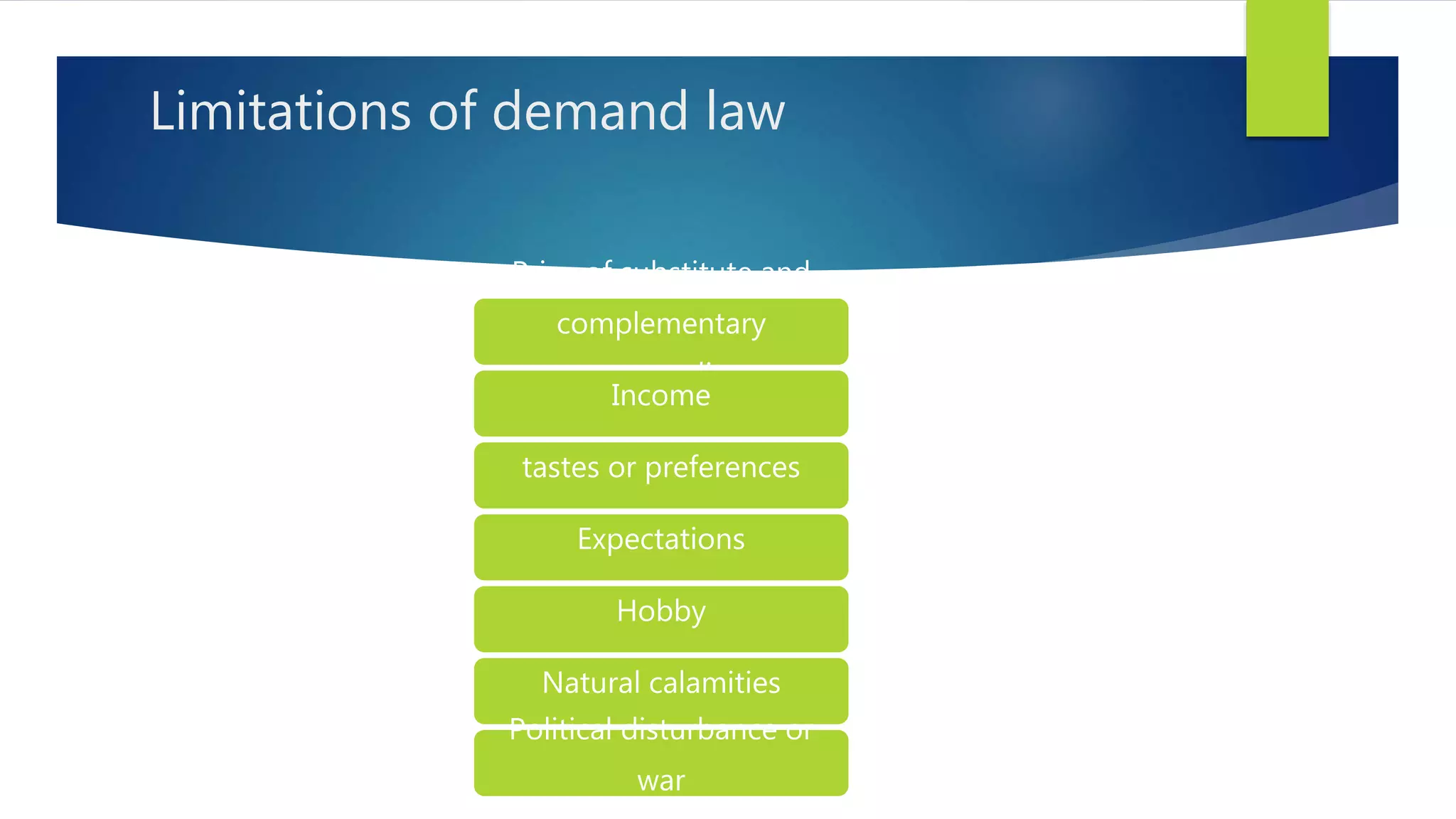 Limitations of demand law
Price of substitute and
complementary
commodity
Income
tastes or preferences
Expectations
Hobby
Natural calamities
Political disturbance or
war
 