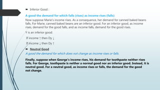 Inferior Good :
A good the demand for which falls (rises) as income rises (falls)
Now suppose Marie’s income rises. As a consequence, her demand for canned baked beans
falls. For Marie, canned baked beans are an inferior good. For an inferior good, as income
rises, demand for the good falls, and as income falls, demand for the good rises.
Y is an inferior good:
If income ↑ then Dy ↓
If income ↓ then Dy ↑
 Neutral Good
A good the demand for which does not change as income rises or falls.
Finally, suppose when George’s income rises, his demand for toothpaste neither rises
falls. For George, toothpaste is neither a normal good nor an inferior good. Instead, it is
neutral good. For a neutral good, as income rises or falls, the demand for the good
not change.
 