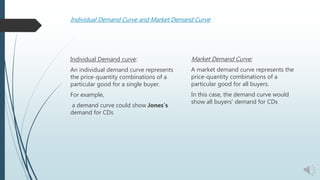 Individual Demand Curve and Market Demand Curve:
Individual Demand curve:
An individual demand curve represents
the price-quantity combinations of a
particular good for a single buyer.
For example,
a demand curve could show Jones’s
demand for CDs
Market Demand Curve:
A market demand curve represents the
price-quantity combinations of a
particular good for all buyers.
In this case, the demand curve would
show all buyers’ demand for CDs
 