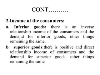 CONT……….
2.Income of the consumers:
a. Inferior goods: there is an inverse
relationship income of the consumers and the
de...