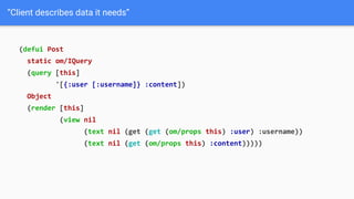 “Client describes data it needs”
(defui Post
static om/IQuery
(query [this]
'[{:user [:username]} :content])
Object
(render [this]
(view nil
(text nil (get (get (om/props this) :user) :username))
(text nil (get (om/props this) :content)))))
 