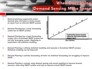 1. Demand planning organization enters
demand plan into Excel or Access based
on inputs from an informal S&OP process
2. Demand Planning has a basic forecasting
system but no S&OP process
3. Demand Planning has a basic forecasting
system with a formalized S&OP process but
not fully leveraging system- Beginning to
experiment with statistical modeling
4. Demand Planning is utilizing statistical modeling and executes a formalized S&OP process-
Statistical modeling can be improved
5. Demand Planning is actively forecasting all items via statistical forecasting, but struggling to improve
MAPE
6. Demand Planning is actively using demand sensing and causal modeling to improve forecast
accuracy while using S&OP systems and tools to improve overall S&OP process
1
2
3
4
5
User Skillset
6
SystemCapabilities
 