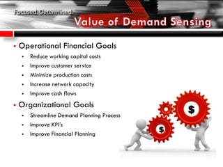  Operational Financial Goals
 Reduce working capital costs
 Improve customer service
 Minimize production costs
 Increase network capacity
 Improve cash flows
 Organizational Goals
 Streamline Demand Planning Process
 Improve KPI’s
 Improve Financial Planning
$
$
 