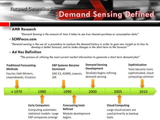  AMR Research
“Demand Sensing is the amount of time it takes to see true channel purchase or consumption data.”
 SCMFocus.com
“Demand sensing is the use of a procedure to analyze the demand history in order to gain new insight as to how to
develop a better forecast, and to make changes in the short term to the forecast ”
 Ad Hoc Definition
“The process of utilizing the most current market information to generate a short term demand plan”
1980 1990 2000 2005< 1970 2010
Traditional Forecasting
Methods
Fourier, Holt Winters,
Lewandowski, Crostons
ERP Systems Become
Dominant
SAP, E3, AS400, Lawson,
JDE
Demand Sensing
Development
TeraData begins refining
demand sensing
Early Computers
Computing automates
statistical models- Large
ERP companies emerge
Forecasting tools
Refined
Module development
begins
Cloud Computing
Large cloud servers are
used primarily as backup
tools
Sophistication
Tools become more
sophisticated, cloud
computing common
 