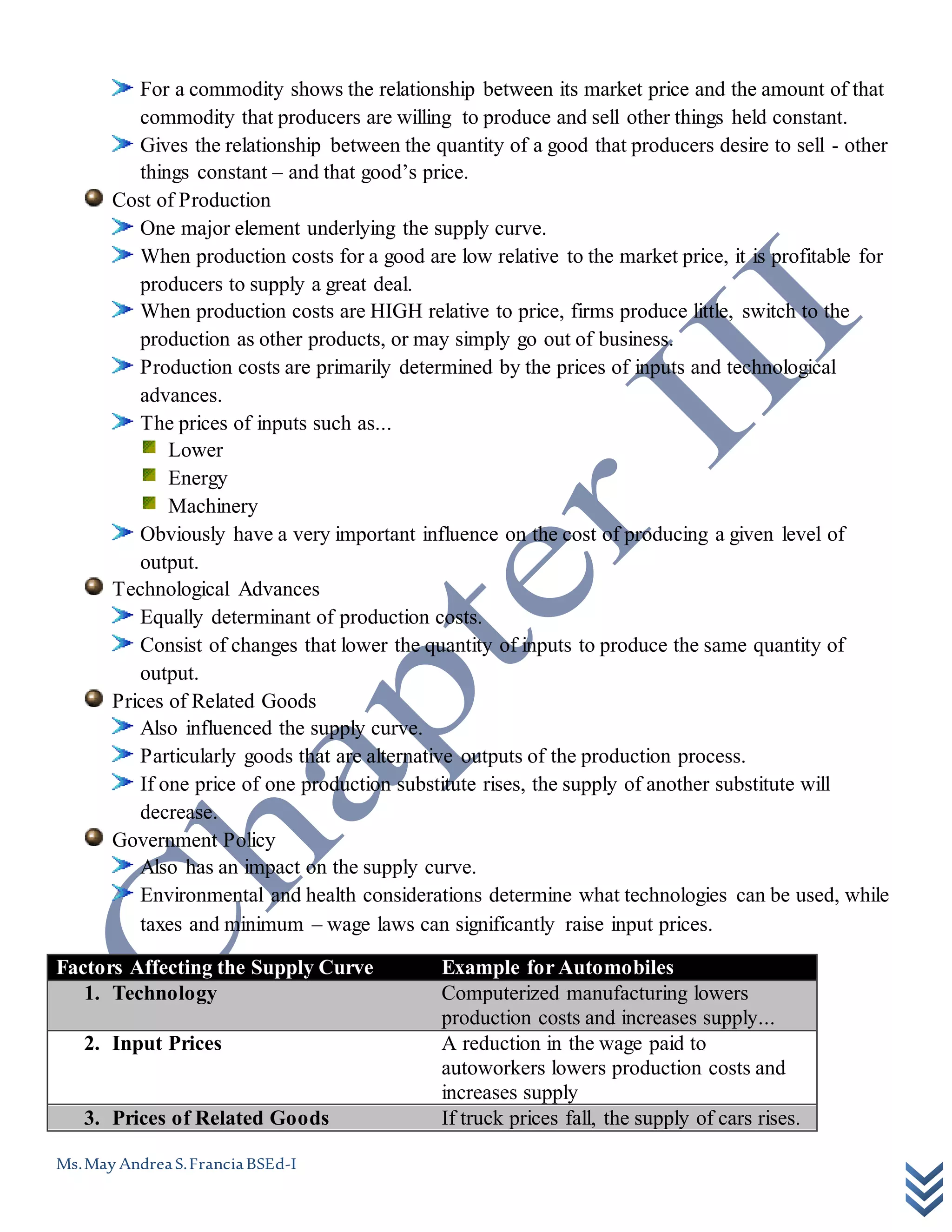 Ms.May AndreaS.FranciaBSEd-I
For a commodity shows the relationship between its market price and the amount of that
commodity that producers are willing to produce and sell other things held constant.
Gives the relationship between the quantity of a good that producers desire to sell - other
things constant – and that good’s price.
Cost of Production
One major element underlying the supply curve.
When production costs for a good are low relative to the market price, it is profitable for
producers to supply a great deal.
When production costs are HIGH relative to price, firms produce little, switch to the
production as other products, or may simply go out of business.
Production costs are primarily determined by the prices of inputs and technological
advances.
The prices of inputs such as...
Lower
Energy
Machinery
Obviously have a very important influence on the cost of producing a given level of
output.
Technological Advances
Equally determinant of production costs.
Consist of changes that lower the quantity of inputs to produce the same quantity of
output.
Prices of Related Goods
Also influenced the supply curve.
Particularly goods that are alternative outputs of the production process.
If one price of one production substitute rises, the supply of another substitute will
decrease.
Government Policy
Also has an impact on the supply curve.
Environmental and health considerations determine what technologies can be used, while
taxes and minimum – wage laws can significantly raise input prices.
Factors Affecting the Supply Curve Example for Automobiles
1. Technology Computerized manufacturing lowers
production costs and increases supply...
2. Input Prices A reduction in the wage paid to
autoworkers lowers production costs and
increases supply
3. Prices of Related Goods If truck prices fall, the supply of cars rises.
 