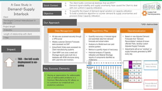 A Case Study in
Demand-Supply
Interlock
The largest Contract Manufacturer in
the world
Quick Context
Objective
a. The client builds commercial desktops that are BTO**
b. Demand signal volatility and supply uncertainty have caused the Client to deal
with non-uniform Capacity Utilization
• TBD – the full-scale
deployment is on-
going
Impact
• Having an appreciation for addressable
and un-addressable problems in a
Contract Manufacturing SC allows us
to customize our analytical and
predictive solutions
Key Success Elements
Our Approach
4 Months
1 Year
Client
Project length
Length of relationship with client
• All data was accessed securely through
a VPN tunnel
• Weekly customer Demand Forecasts
were accessed via SAP
• Actual Build Orders were accessed via
Client manufacturing systems
• Client MRP runs once a week and
Shortage reports were built into a
database with BOM structures along
with Lead-time and inventory
• Quantify inaccuracy in forecast signal
and assimilate data from demand
forecasts and actual orders
• Analysis at a Model level over past
several quarters
• Metrics to quantify impact of inaccuracy
• Historical analysis of Capacity
Utilization and Material Shortage
reports of components identified as
challenging
• Based on new Adjusted Demand
Forecasts from “Demand
Reconciliation” analysis & known
offender Parts, develop custom
Adjusted Supply Forecasts
• Adjustments will act as “overlays” on
supply forecasts generated by MRP
every day
Data Management Algorithmic Play Operationalization
a. To quantify the impact of demand signal variation on capacity utilization
b. To build a predictive algorithm to counter demand & supply uncertainties and
provision linear Capacity Utilization
* BTO – Built-to-Order
 