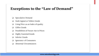 Exceptions to the “Law of Demand”
❏ Speculative Demand
❏ Snob Appeal or Veblen Goods
❏ Using Price as an Index of quality
❏ Giffen Goods
❏ Possibilities of Future rise in Prices
❏ Highly Essential Goods
❏ Inferior Goods
❏ Ignorance of Consumers
❏ Abnormal Circumstances
www.noteslearning.com
www.noteslearning.com
 