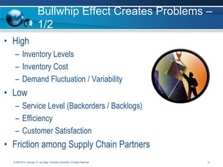 Bullwhip Effect Creates Problems –
1/2
• High
– Inventory Levels
– Inventory Cost
– Demand Fluctuation / Variability

• Low
– Service Level (Backorders / Backlogs)
– Efficiency
– Customer Satisfaction

• Friction among Supply Chain Partners
© 2008-2014. Copyright, Dr. Joe Hage. Proprietary Information. All Rights Reserved.

10

 