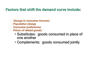 Factors that shift the demand curve include: Change in consumer incomes Population change Consumer preferences Prices of related goods: Substitutes:  goods consumed in place of one another Complements:  goods consumed jointly 