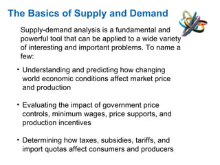 The Basics of Supply and Demand Understanding and predicting how changing world economic conditions affect market price and production Evaluating the impact of government price controls, minimum wages, price supports, and production incentives Determining how taxes, subsidies, tariffs, and import quotas affect consumers and producers Supply-demand analysis is a fundamental and powerful tool that can be applied to a wide variety of interesting and important problems. To name a few: 