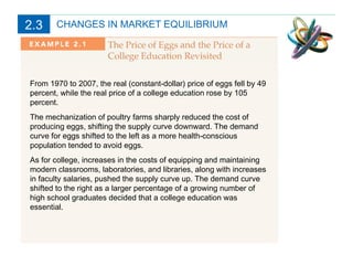 CHANGES IN MARKET EQUILIBRIUM From 1970 to 2007, the real (constant-dollar) price of eggs fell by 49 percent, while the real price of a college education rose by 105 percent. The mechanization of poultry farms sharply reduced the cost of producing eggs, shifting the supply curve downward. The demand curve for eggs shifted to the left as a more health-conscious population tended to avoid eggs. As for college, increases in the costs of equipping and maintaining modern classrooms, laboratories, and libraries, along with increases in faculty salaries, pushed the supply curve up. The demand curve shifted to the right as a larger percentage of a growing number of high school graduates decided that a college education was essential. 2.3 