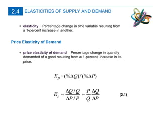 ELASTICITIES OF SUPPLY AND DEMAND Price Elasticity of Demand elasticity  Percentage change in one variable resulting from a 1-percent increase in another. price elasticity of demand  Percentage change in quantity demanded of a good resulting from a 1-percent  increase in its price. (2.1) 2.4 
