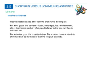 Demand SHORT-RUN VERSUS LONG-RUN ELASTICITIES Income Elasticities Income elasticities also differ from the short run to the long run. For most goods and services—foods, beverages, fuel, entertainment, etc.— the income elasticity of demand is larger in the long run than in the short run. For a durable good, the opposite is true. The short-run income elasticity of demand will be much larger than the long-run elasticity. 2.5 