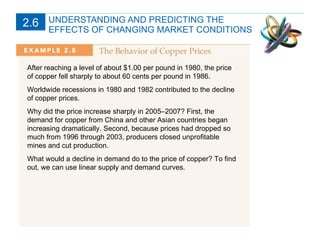 UNDERSTANDING AND PREDICTING THE  EFFECTS OF CHANGING MARKET CONDITIONS After reaching a level of about $1.00 per pound in 1980, the price of copper fell sharply to about 60 cents per pound in 1986. Worldwide recessions in 1980 and 1982 contributed to the decline of copper prices. Why did the price increase sharply in 2005–2007? First, the demand for copper from China and other Asian countries began increasing dramatically. Second, because prices had dropped so much from 1996 through 2003, producers closed unprofitable mines and cut production. What would a decline in demand do to the price of copper? To find out, we can use linear supply and demand curves. 2.6 