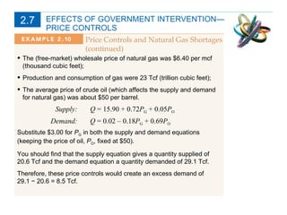 EFFECTS OF GOVERNMENT INTERVENTION— PRICE CONTROLS The (free-market) wholesale price of natural gas was $6.40 per mcf (thousand cubic feet); Production and consumption of gas were 23 Tcf (trillion cubic feet); The average price of crude oil (which affects the supply and demand for natural gas) was about $50 per barrel . Supply:  Q  = 15.90 + 0.72 P G  + 0.05 P O Demand:  Q  = 0.02 – 0.18 P G  + 0.69 P O Substitute $3.00 for  P G  in both the supply and demand equations (keeping the price of oil,  P O , fixed at $50).  You should find that the supply equation gives a quantity supplied of 20.6 Tcf and the demand equation a quantity demanded of 29.1 Tcf.  Therefore, these price controls would create an excess demand of  29.1 − 20.6 = 8.5 Tcf. 2.7 