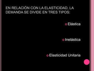 EN RELACIÓN CON LA ELASTICIDAD, LA
DEMANDA SE DIVIDE EN TRES TIPOS:


                                Elástica




                               Inelástica




                     Elasticidad   Unitaria
 