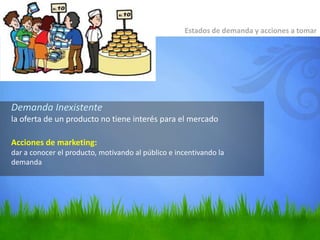 Demanda Inexistente
la oferta de un producto no tiene interés para el mercado
Acciones de marketing:
dar a conocer el producto, motivando al público e incentivando la
demanda
Estados de demanda y acciones a tomar