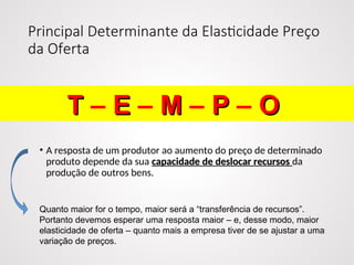 Principal Determinante da Elasticidade Preço
da Oferta
• A resposta de um produtor ao aumento do preço de determinado
produto depende da sua capacidade de deslocar recursos
capacidade de deslocar recursos da
produção de outros bens.
T
T – E
E – M
M – P
P – O
O
Quanto maior for o tempo, maior será a “transferência de recursos”.
Portanto devemos esperar uma resposta maior – e, desse modo, maior
elasticidade de oferta – quanto mais a empresa tiver de se ajustar a uma
variação de preços.
 