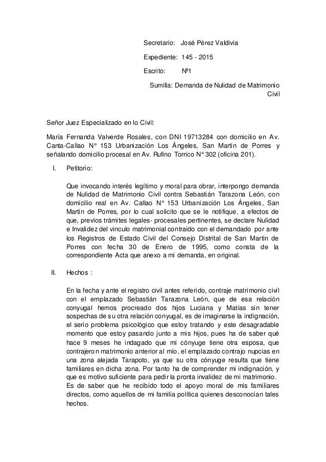 Demanda De Nulidad De Matrimonio Terminado