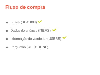 Fluxo de compra

■ Busca (SEARCH)

■ Dados do anúncio (ITEMS)

■ Informação do vendedor (USERS)

■ Perguntas (QUESTIONS)
 