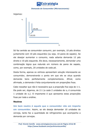 Demanda do Consumidor (Microeconomia)
	 	
	
	
Prof.	Vicente	Camillo			www.estrategiaconcursos.com.br	Página	10	de	48	
https://www.facebook.com/profvicentecamillo/	
Vejamos:
Só faz sentido ao consumidor consumir, por exemplo, 10 pés direitos
juntamente com 10 pés esquerdos (ou seja, 10 pares de sapato). Se
ele desejar aumentar o consumo, nada adianta demanda 12 pés
direito e 10 pés esquerdo. Ele deve, necessariamente, demandar uma
combinação lógica que redunde em número de pares de sapato,
como, por exemplo, 20 unidades de cada pé.
Desta forma, apenas os vértices apresentam solução interessante ao
consumidor, demonstrando o ponto em que ele se situa quando
demanda bens perfeitamente complementares. Afinal, como
afirmado, a demanda é feita conjuntamente em proporções fixas.
Cabe ressaltar que não é necessário que a proporção fixa seja de 1:1.
Ela pode ser, digamos, de 2:1 (a cada 2 unidades de x2 é consumida
1 unidade de x1). O importante é que apresenta estas proporções
fixas por toda a análise.
Neutros
Um bem neutro é aquele que o consumidor não em importa
em consumidor. Assim, se ele deseja demandar 10 unidades de
cerveja, tanto faz a quantidade de refrigerantes que acompanha a
demanda por cervejas.
x2	
x1	
(10,10)	
(20,20)	
 