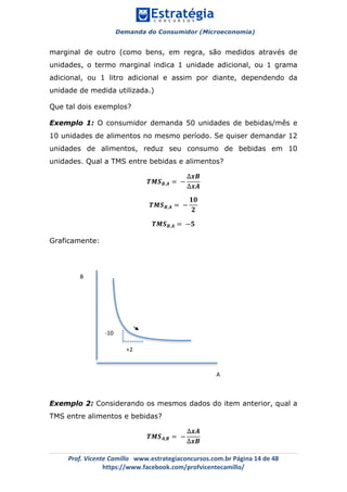 Demanda do Consumidor (Microeconomia)
	 	
	
	
Prof.	Vicente	Camillo			www.estrategiaconcursos.com.br	Página	14	de	48	
https://www.facebook.com/profvicentecamillo/	
marginal de outro (como bens, em regra, são medidos através de
unidades, o termo marginal indica 1 unidade adicional, ou 1 grama
adicional, ou 1 litro adicional e assim por diante, dependendo da
unidade de medida utilizada.)
Que tal dois exemplos?
Exemplo 1: O consumidor demanda 50 unidades de bebidas/mês e
10 unidades de alimentos no mesmo período. Se quiser demandar 12
unidades de alimentos, reduz seu consumo de bebidas em 10
unidades. Qual a TMS entre bebidas e alimentos?
𝑻𝑴𝑺 𝑩,𝑨 = −
∆𝒙𝑩
∆𝒙𝑨
𝑻𝑴𝑺 𝑩,𝑨 = −
𝟏𝟎
𝟐
𝑻𝑴𝑺 𝑩,𝑨 = −𝟓
Graficamente:
Exemplo 2: Considerando os mesmos dados do item anterior, qual a
TMS entre alimentos e bebidas?
𝑻𝑴𝑺 𝑨,𝑩 = −
∆𝒙𝑨
∆𝒙𝑩
B	
A	
-10	
+2	
 