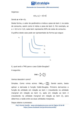 Demanda do Consumidor (Microeconomia)
	 	
	
	
Prof.	Vicente	Camillo			www.estrategiaconcursos.com.br	Página	32	de	48	
https://www.facebook.com/profvicentecamillo/	
Vejamos:
𝒖 𝒙 𝟏, 𝒙 𝟐 = 𝒙 𝟏
𝒂
×𝒙 𝟐
𝒃
Sendo a + b = 1.
Desta forma, o valor do parâmetro a indica o peso do bem 1 na cesta
de consumo, assim como b indica o peso do bem 2. Por exemplo, se
a = 0,5 e b= 0,5, cada bem representa 50% da cesta de consumo.
O gráfico deste caso pode ser apresentado da forma que segue:
E, qual será a TMS para o caso Cobb-Douglas?
A seguinte:
𝑻𝑴𝑺 =
𝒂
𝒃
×
𝒙 𝟐
𝒙 𝟏
Vamos descobrir como?
Simples. Como vimos acima: 𝑻𝑴𝑺 𝟐,𝟏 =
𝑼𝑴𝒈 𝟏
𝑼𝑴𝒈 𝟐
. Sendo assim, basta
aplicar a derivada à função Cobb-Douglas. Primeiro derivamos a
função de utilidade em relação ao bem 1 (resultando na utilidade
marginal em relação ao bem 1), após em relação ao bem 2
(resultando na utilidade marginal em relação ao bem 2), para
obtermos a razão entre as duas utilidades marginais.
Segue abaixo o processo:
x1	
x2	
U2	
U1	
U0	
 