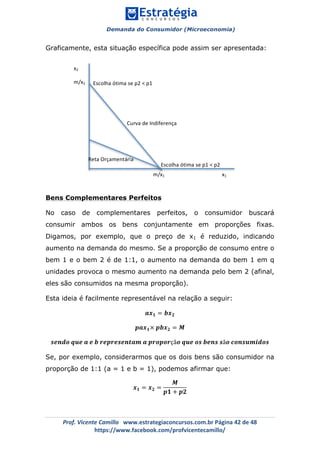 Demanda do Consumidor (Microeconomia)
	 	
	
	
Prof.	Vicente	Camillo			www.estrategiaconcursos.com.br	Página	42	de	48	
https://www.facebook.com/profvicentecamillo/	
Graficamente, esta situação específica pode assim ser apresentada:
Bens Complementares Perfeitos
No caso de complementares perfeitos, o consumidor buscará
consumir ambos os bens conjuntamente em proporções fixas.
Digamos, por exemplo, que o preço de x1 é reduzido, indicando
aumento na demanda do mesmo. Se a proporção de consumo entre o
bem 1 e o bem 2 é de 1:1, o aumento na demanda do bem 1 em q
unidades provoca o mesmo aumento na demanda pelo bem 2 (afinal,
eles são consumidos na mesma proporção).
Esta ideia é facilmente representável na relação a seguir:
𝒂𝒙 𝟏 = 𝒃𝒙 𝟐
𝒑𝒂𝒙 𝟏× 𝒑𝒃𝒙 𝟐 = 𝑴
𝒔𝒆𝒏𝒅𝒐 𝒒𝒖𝒆 𝒂 𝒆 𝒃 𝒓𝒆𝒑𝒓𝒆𝒔𝒆𝒏𝒕𝒂𝒎 𝒂 𝒑𝒓𝒐𝒑𝒐𝒓çã𝒐 𝒒𝒖𝒆 𝒐𝒔 𝒃𝒆𝒏𝒔 𝒔ã𝒐 𝒄𝒐𝒏𝒔𝒖𝒎𝒊𝒅𝒐𝒔
Se, por exemplo, considerarmos que os dois bens são consumidor na
proporção de 1:1 (a = 1 e b = 1), podemos afirmar que:
𝒙 𝟏 = 𝒙 𝟐 =
𝑴
𝒑𝟏 + 𝒑𝟐
																																																				m/x1																																											x1	
x2	
m/x2	
	
	
	
	
	
Curva	de	Indiferença	
	
Reta	Orçamentária	
Escolha	ótima	se	p1	<	p2	
Escolha	ótima	se	p2	<	p1	
 