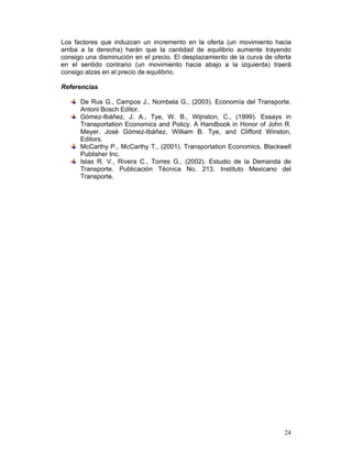 Los factores que induzcan un incremento en la oferta (un movimiento hacia
arriba a la derecha) harán que la cantidad de equilibrio aumente trayendo
consigo una disminución en el precio. El desplazamiento de la curva de oferta
en el sentido contrario (un movimiento hacia abajo a la izquierda) traerá
consigo alzas en el precio de equilibrio.

Referencias

      De Rus G., Campos J., Nombela G., (2003). Economía del Transporte.
      Antoni Bosch Editor.
      Gómez-Ibáñez, J. A., Tye, W. B., Wijnston, C., (1999). Essays in
      Transportation Economics and Policy. A Handbook in Honor of John R.
      Meyer. José Gómez-Ibáñez, William B. Tye, and Clifford Winston,
      Editors.
      McCarthy P., McCarthy T., (2001). Transportation Economics. Blackwell
      Publisher Inc.
      Islas R. V., Rivera C., Torres G., (2002). Estudio de la Demanda de
      Transporte. Publicación Técnica No. 213. Instituto Mexicano del
      Transporte.




                                                                          24
 