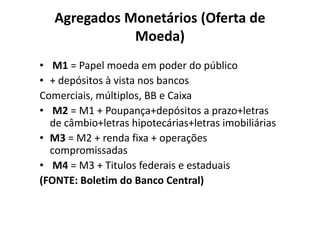 Agregados Monetários (Oferta de
              Moeda)
• M1 = Papel moeda em poder do público
• + depósitos à vista nos bancos
Comerciais, múltiplos, BB e Caixa
• M2 = M1 + Poupança+depósitos a prazo+letras
  de câmbio+letras hipotecárias+letras imobiliárias
• M3 = M2 + renda fixa + operações
  compromissadas
• M4 = M3 + Titulos federais e estaduais
(FONTE: Boletim do Banco Central)
 