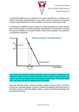 Castelo Colque Elizabeth
Mgr. José Ramiro Zapata Barrientos
Materia: Producción II
“Liberemos Bolivia”
La demanda inelástica es una situación en la cual la demanda de un producto no au
menta ni disminuye recíprocamente con una caída o alza en su precio. Las personas
compran aproximadamente la misma cantidad, ya sea que el precio baje o suba.
La demanda es inelástica al precio cuando un cambio porcentual en el valor del prod
ucto o servicio causa un cambio porcentual más pequeño en la demanda. Los produ
ctos que son inelásticos en el precio tienden a tener pocos sustitutos y los usuarios l
os consideran necesarios.
Eso sucede con cosas que la gente debe tener, como por ejemplo, la gasolina. Los c
onductores deben comprar la misma cantidad, incluso cuando el precio aumente. De
l mismo modo, no se compra mucho más aunque el precio baje. La demanda inelásti
ca es uno de los tres tipos de elasticidad de la demanda.
Este valor describe cuánto cambia la demanda cuando el precio lo hace. Los otros d
os tipos son: demanda elástica, cuando la cantidad demandada cambia más de lo qu
e lo hace el precio; y demanda elástica unitaria, cuando la cantidad demandada cam
bia igual que el precio.
 