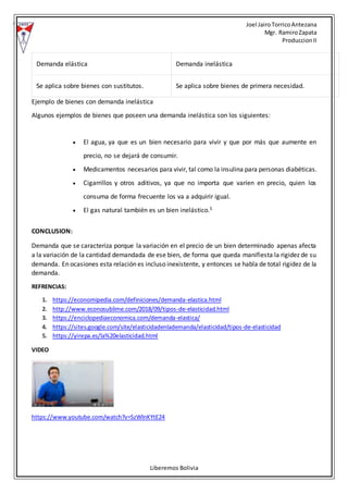 Joel Jairo TorricoAntezana
Mgr. RamiroZapata
ProduccionII
Liberemos Bolivia
Demanda elástica Demanda inelástica
Se aplica sobre bienes con sustitutos. Se aplica sobre bienes de primera necesidad.
Ejemplo de bienes con demanda inelástica
Algunos ejemplos de bienes que poseen una demanda inelástica son los siguientes:
 El agua, ya que es un bien necesario para vivir y que por más que aumente en
precio, no se dejará de consumir.
 Medicamentos necesarios para vivir, tal como la insulina para personas diabéticas.
 Cigarrillos y otros aditivos, ya que no importa que varíen en precio, quien los
consuma de forma frecuente los va a adquirir igual.
 El gas natural también es un bien inelástico.5
CONCLUSION:
Demanda que se caracteriza porque la variación en el precio de un bien determinado apenas afecta
a la variación de la cantidad demandada de ese bien, de forma que queda manifiesta la rigidez de su
demanda. En ocasiones esta relación es incluso inexistente, y entonces se habla de total rigidez de la
demanda.
REFRENCIAS:
1. https://economipedia.com/definiciones/demanda-elastica.html
2. http://www.econosublime.com/2018/09/tipos-de-elasticidad.html
3. https://enciclopediaeconomica.com/demanda-elastica/
4. https://sites.google.com/site/elasticidadenlademanda/elasticidad/tipos-de-elasticidad
5. https://yirepa.es/la%20elasticidad.html
VIDEO
https://www.youtube.com/watch?v=SzWlnKYtE24
 
