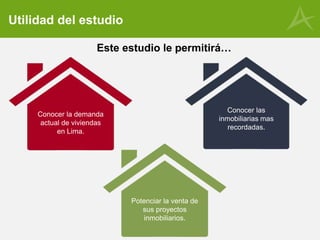 Utilidad del estudio
Conocer la demanda
actual de viviendas
en Lima.
Conocer las
inmobiliarias mas
recordadas.
Este estudi...