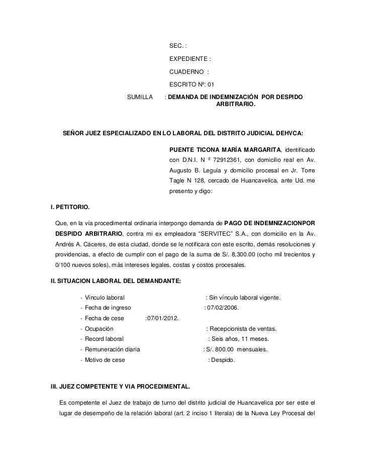 Demanda despido injustificado modelo