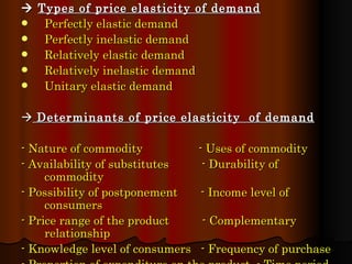    Types of price elasticity of demand Perfectly elastic demand Perfectly inelastic demand Relatively elastic demand Relatively inelastic demand Unitary elastic demand      Determinants of price elasticity  of demand - Nature of commodity  - Uses of commodity  - Availability of substitutes  - Durability of commodity - Possibility of postponement  - Income level of consumers - Price range of the product  - Complementary relationship - Knowledge level of consumers  - Frequency of purchase - Proportion of expenditure on the product  - Time period  
