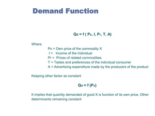 Demand Function

Qd = f ( Px, I, Pr, T, A)
Where
Px = Own price of the commodity X
I = Income of the Individual
Pr = Prices of related commodities
T = Tastes and preferences of the individual consumer
A = Advertising expenditure made by the producers of the product
Keeping other factor as constant

Qd = f (Px)
It implies that quantity demanded of good X is function of its own price. Other
determinants remaining constant

 