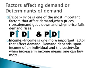 Price :- Price is one of the most important
factors that affect demand,when prices
rises,demand goes down and when price falls
demand rises.
P D & P D
 Income:-Income is one more important factor
that affect demand. Demand depends upon
income of an individual and the society.So
when increase in income means one can buy
more.
=
=
=
-
-
-
-
-
-
-
-
-
-
-
-
-
 