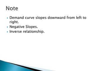  Demand curve slopes downward from left to
right.
 Negative Slopes.
 Inverse relationship.
 